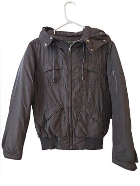 LAUREN RALPH LAUREN HOODED BOMBER JACKET. SZ XS. DOWN. MISSING FAUX FUR HOOD.